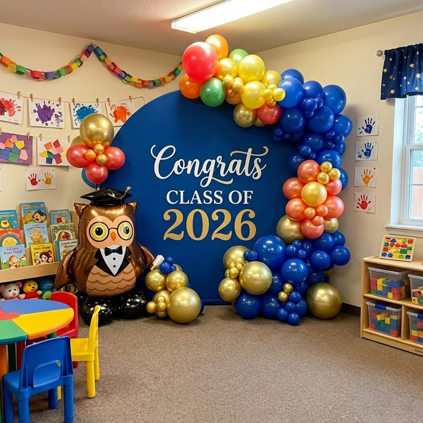 Graduation Round Backdrop With Photo Blue Gold Classic 2026 Custom Round Photo Graduation Backdrop LXX64-43