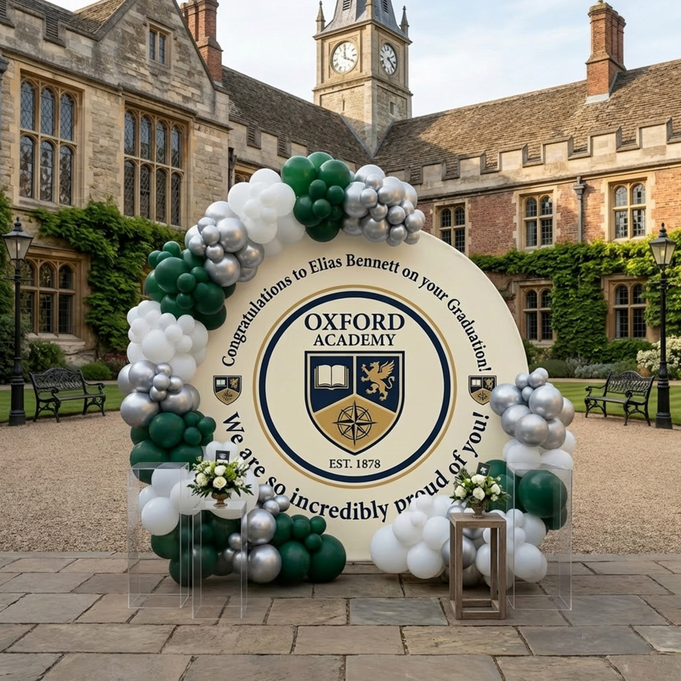 Congrats Grad Round Backdrop Cream Personalized Name School Graduation Round Party Backdrop LXX64-46