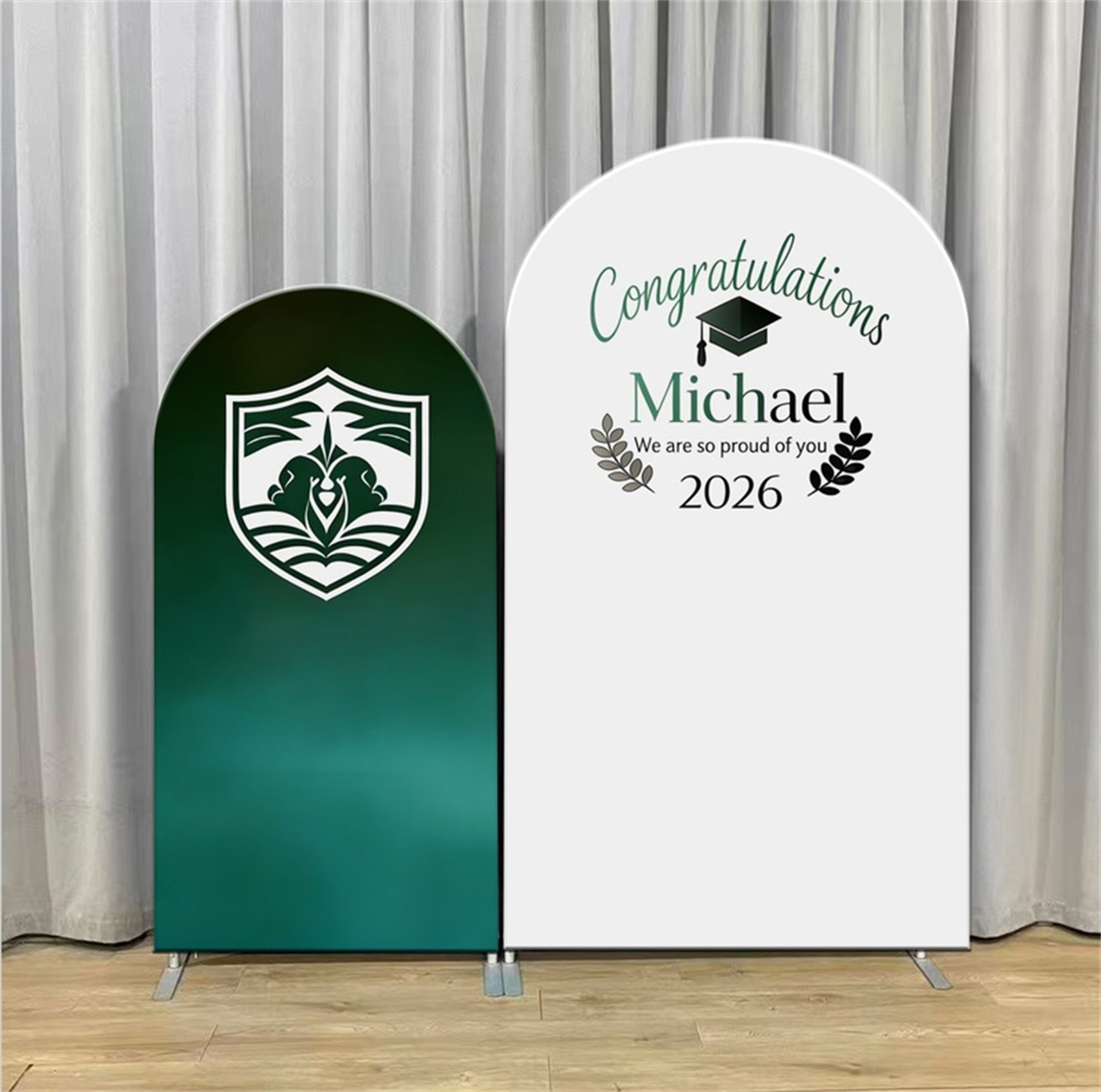 Graduation Backdrop With Picture Green White Dual Arch Custom Graduation Backdrop With Photo LXX64-5