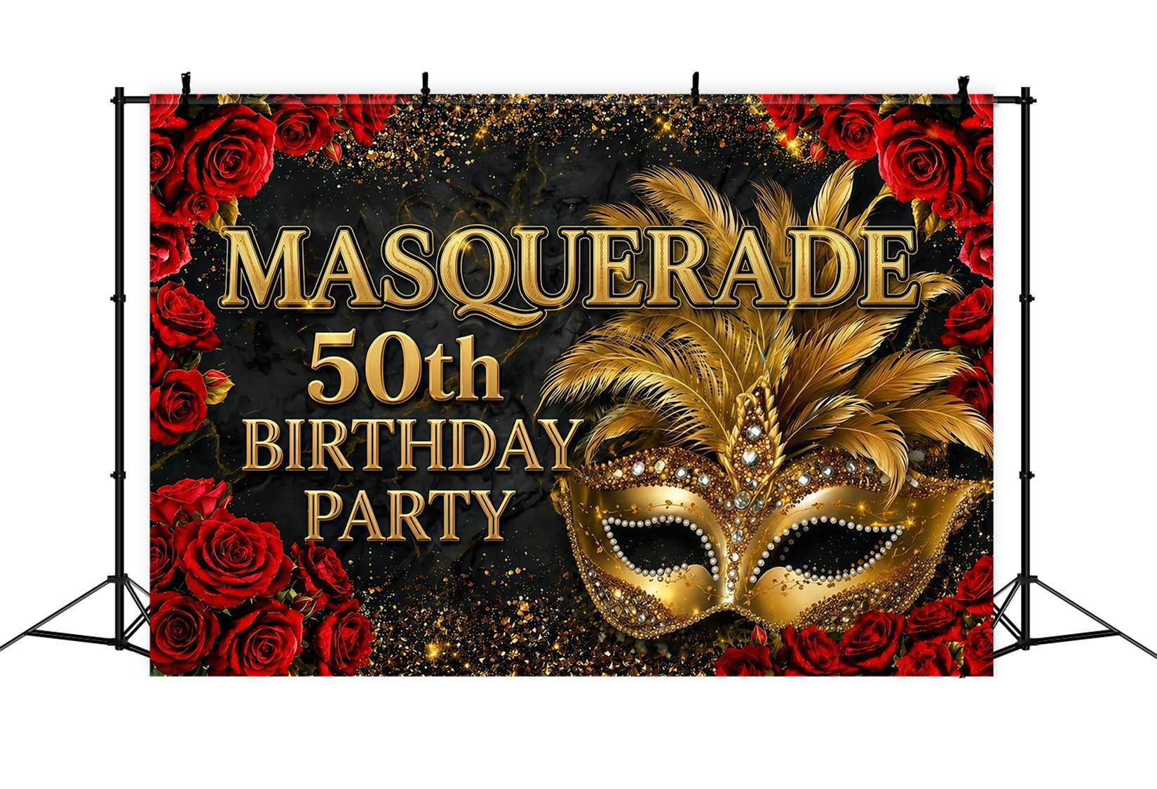 Masquerade Backdrop Black Gold Rose Mask Glamour Backdrops For Parties LXX64-92