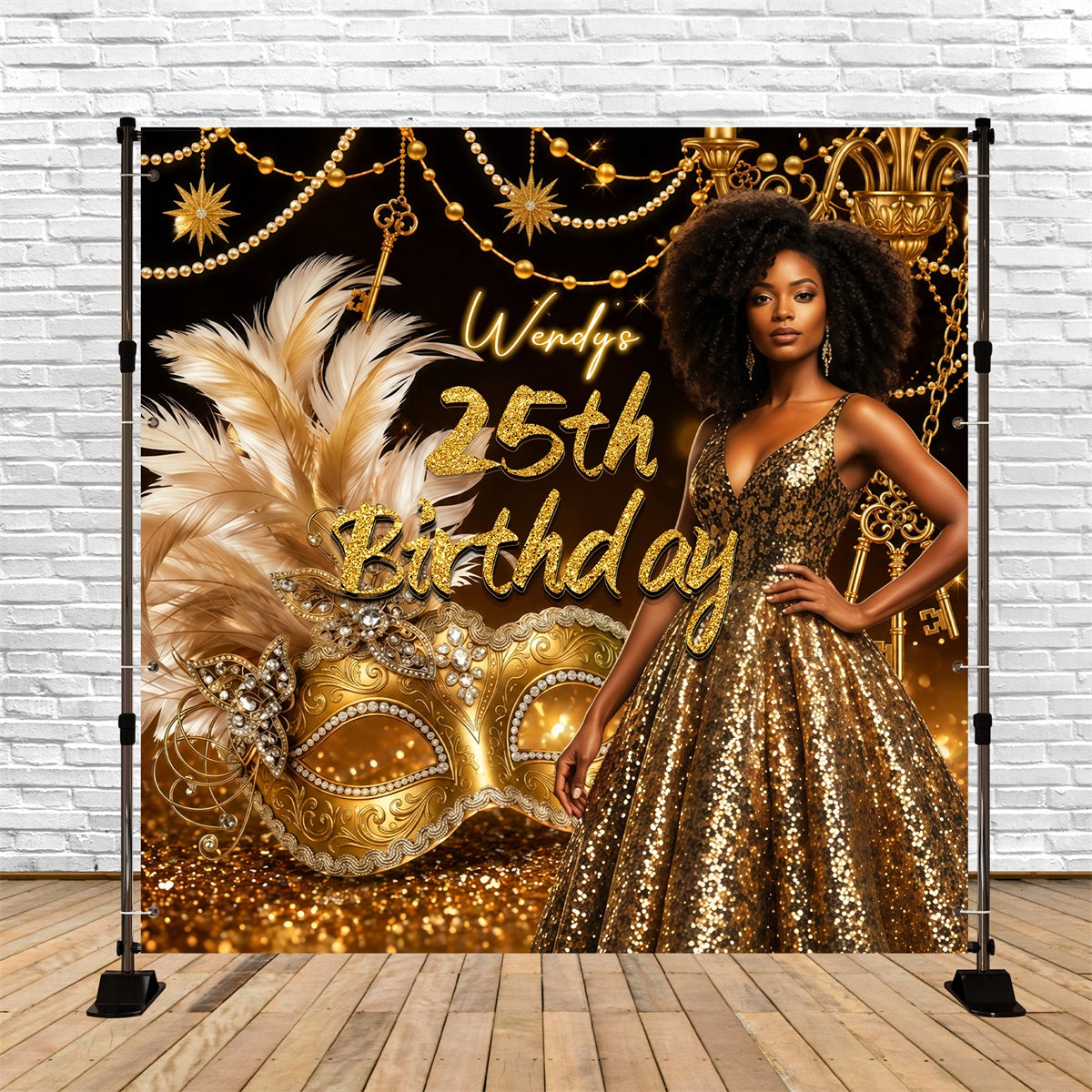 Masquerade Backdrop Golden Sequin Diva Mask Glamour Backdrops For Parties LXX64-96