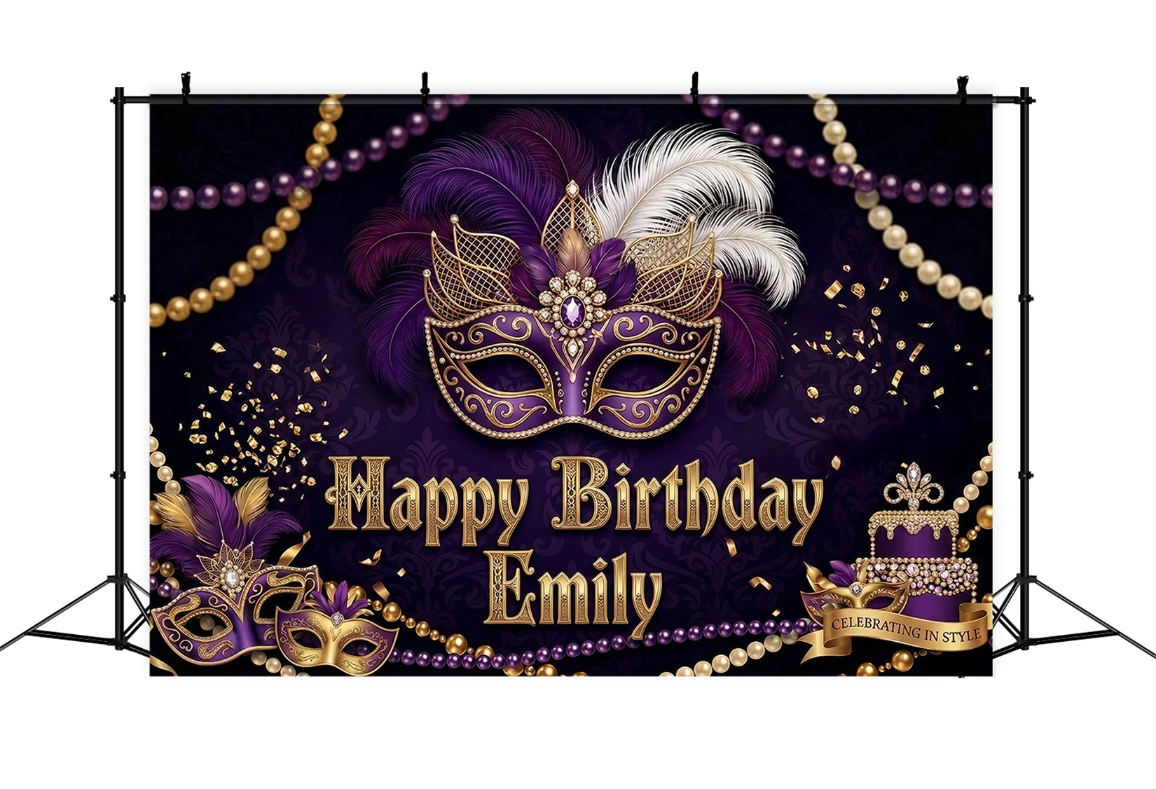 Masquerade Backdrop Purple Feather Mask Royal Shine Backdrops For Parties LXX64-97