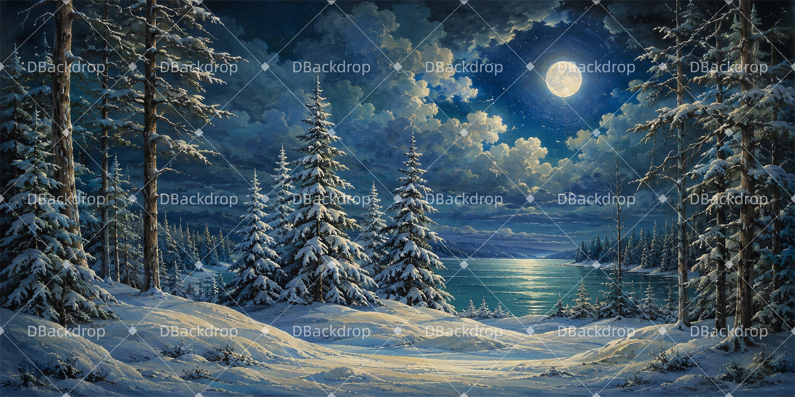 Forest Stage Backdrop Snowy Pine Lake School Play Backdrops LXX66-T144