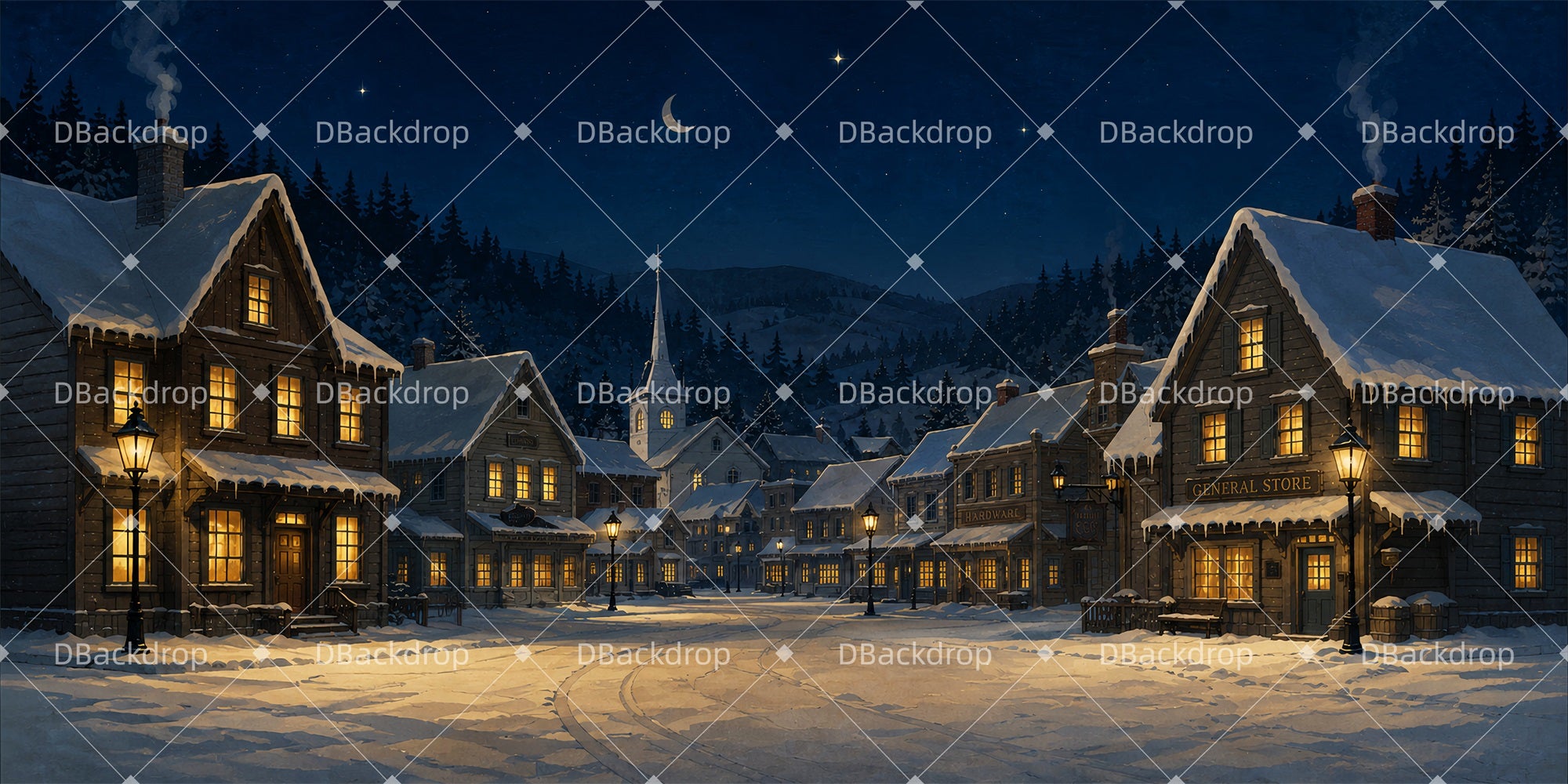 Large Stage Backdrops Moonlit Maine Town Cheap Theater Backdrops LXX66-T149