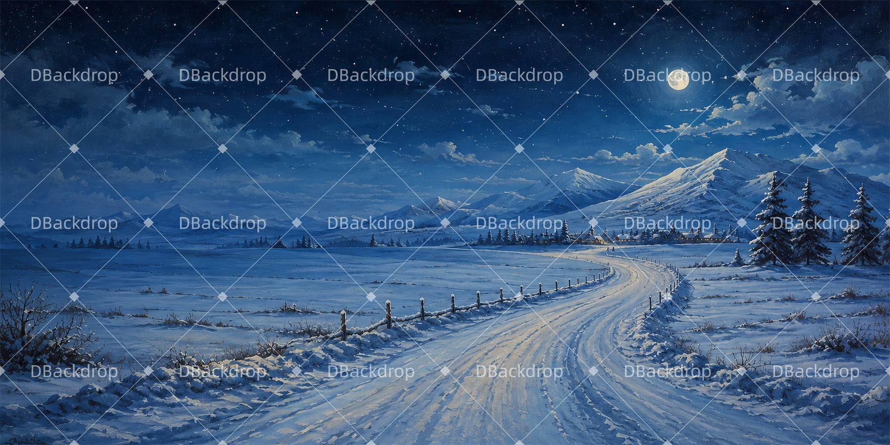 Performance Backdrop Moonlit Snow Road Stage Scenery Backdrops LXX66-T151