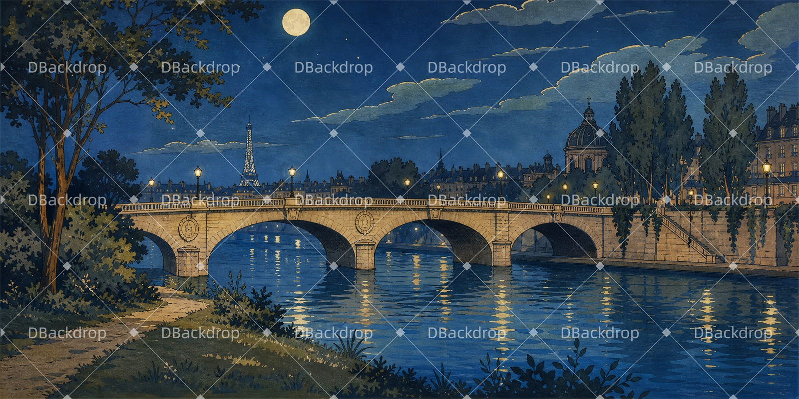 Professional Stage Backdrops Moonlit Paris Bridge Scenic Backdrops LXX66-T160