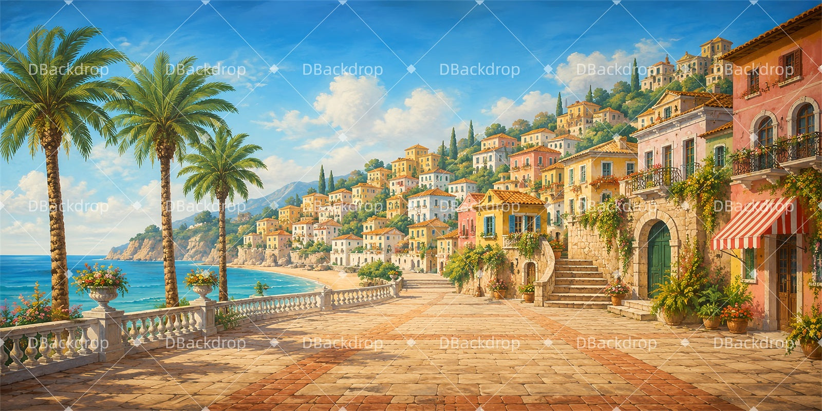 School Play Backdrops Coastal Village Plaza Performance Backdrop LXX66-T17