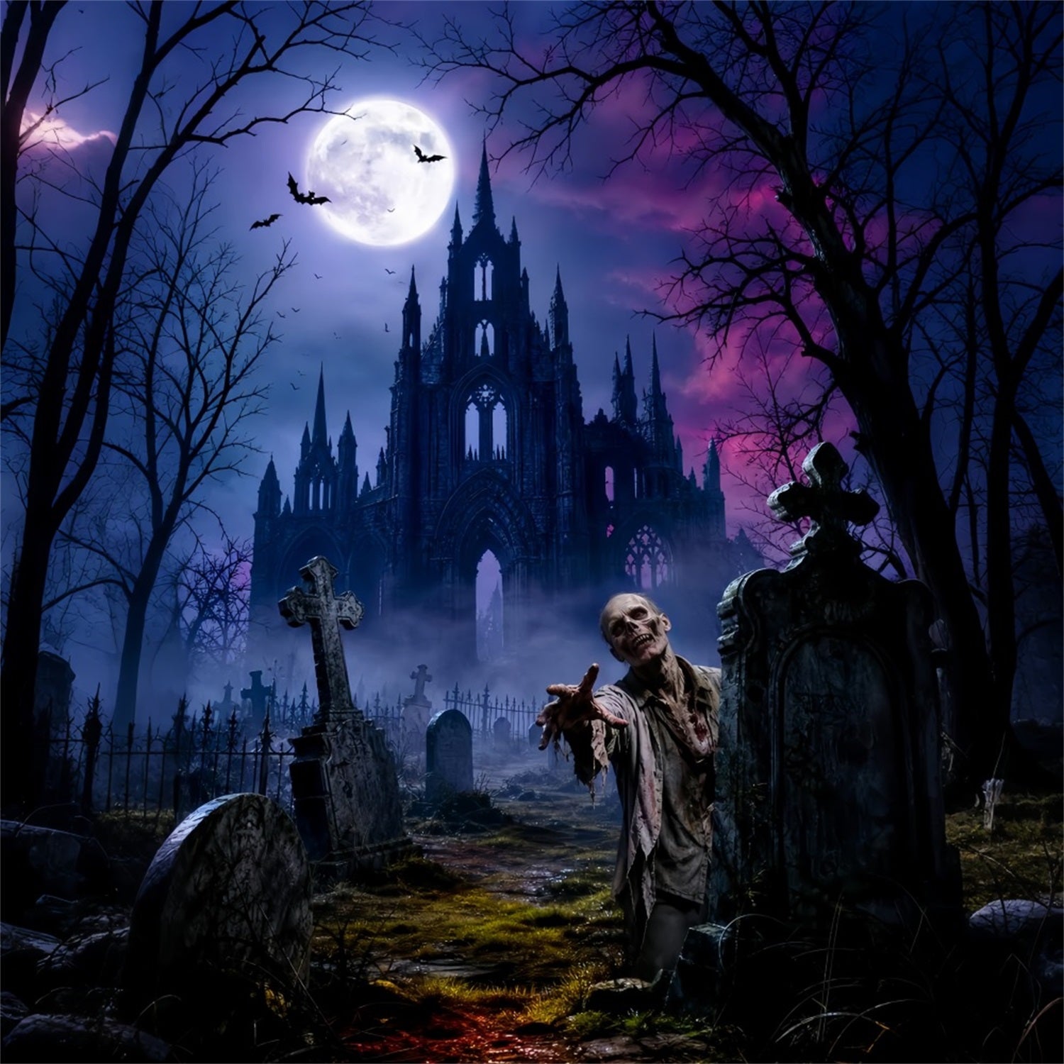 Halloween Party Picture Backdrop Moonlit Castle Zombie Graveyard Halloween LXX67-1