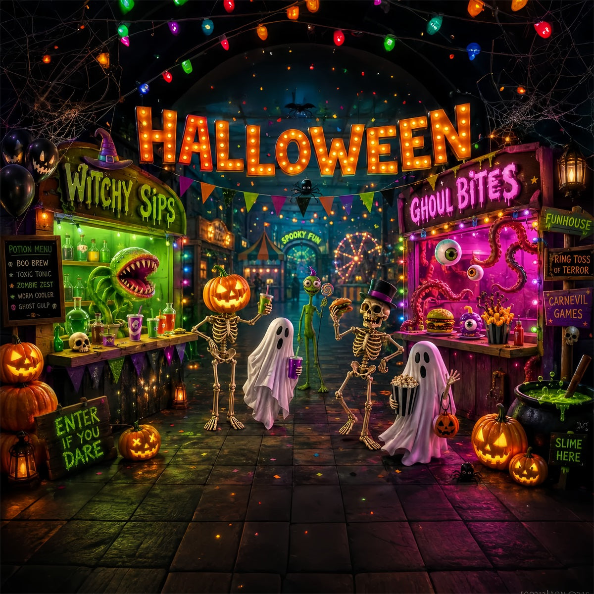 Halloween Party Backdrops Neon Monster Carnival Street Halloween Photo Booth Backdrop LXX67-114