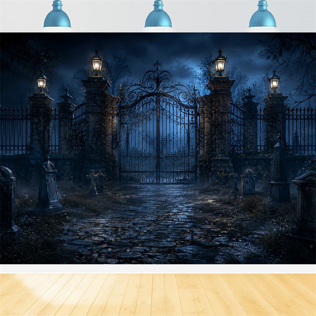 Halloween Outdoor Backdrop Moonlit Cemetery Iron Gate Halloween Backdrops For Photos LXX67-120
