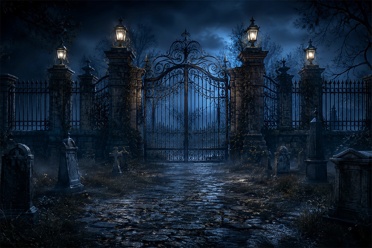Halloween Outdoor Backdrop Moonlit Cemetery Iron Gate Halloween Backdrops For Photos LXX67-120