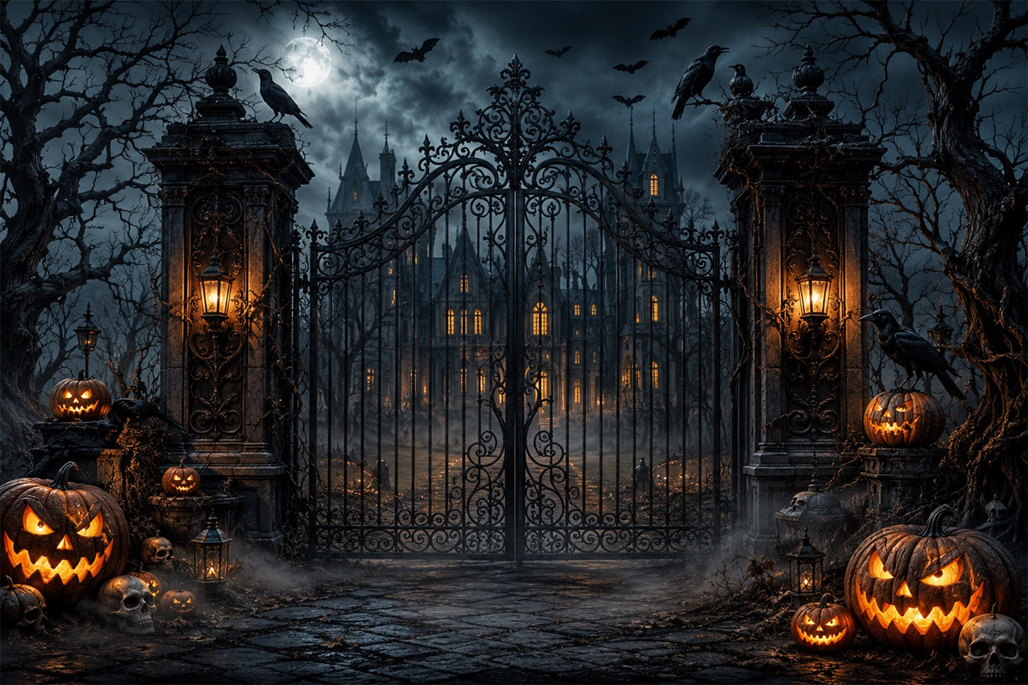 Halloween Outdoor Backdrop Gothic Mansion Pumpkin Gate Halloween Backdrops For Photos LXX67-121