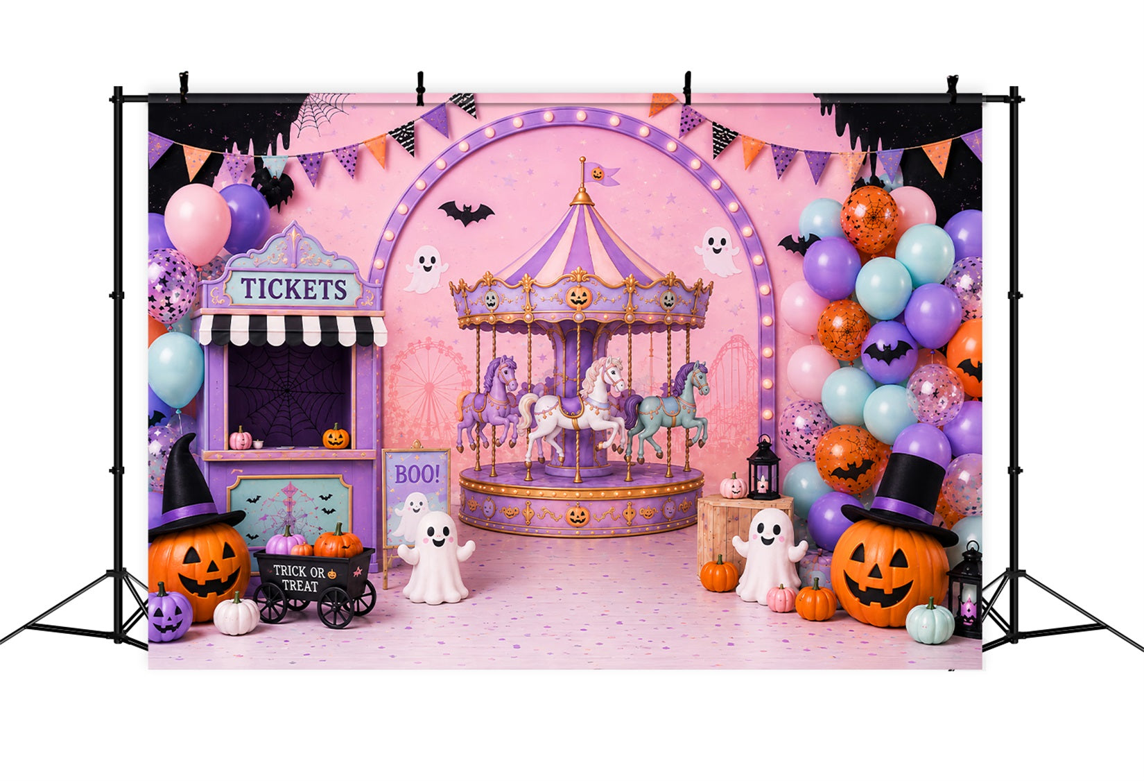 Cute Halloween Photo Backdrop Pastel Carousel Ghost Party Backdrop Halloween LXX67-122