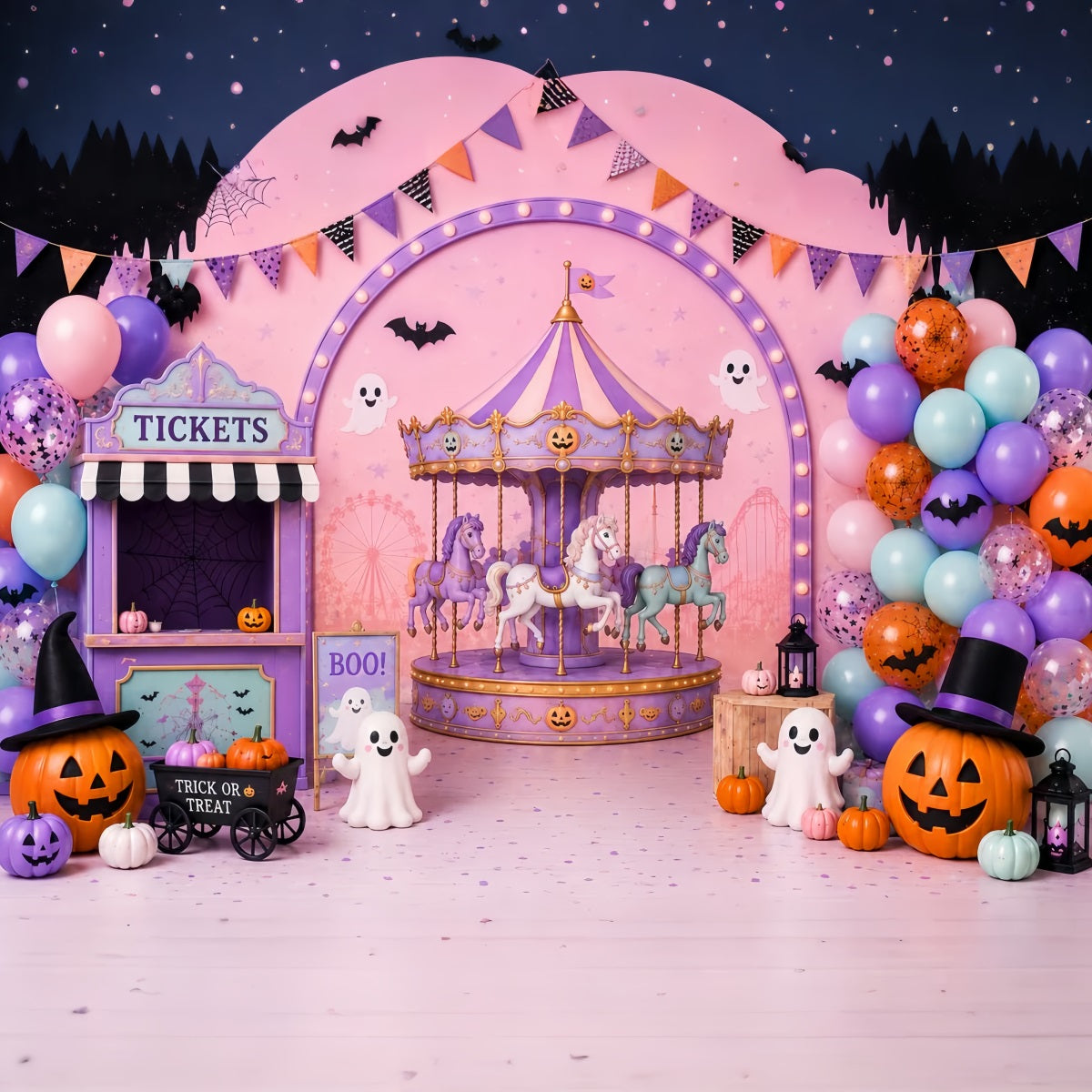 Cute Halloween Photo Backdrop Pastel Carousel Ghost Party Backdrop Halloween LXX67-122