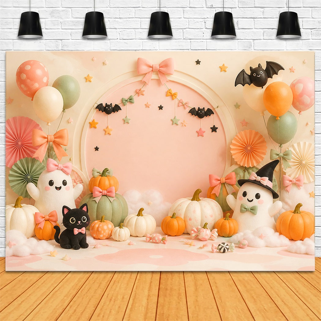 Cute Halloween Photo Backdrop Pastel Ghost Cat Pumpkins Backdrop Halloween LXX67-123