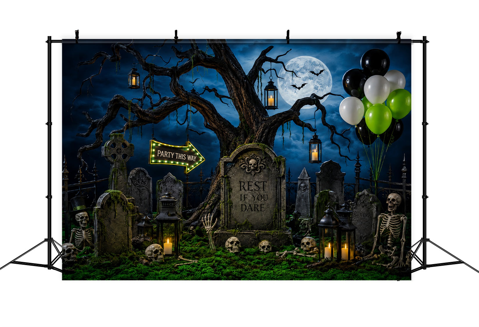Custom Halloween Backdrop Moonlit Graveyard Skeleton Party Halloween Graveyard Backdrop LXX67-124