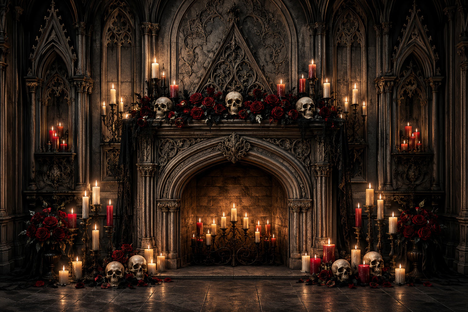 Photo Booth Halloween Backdrop Ideas Gothic Skull Candle Fireplace Halloween Picture Backdrop LXX67-125