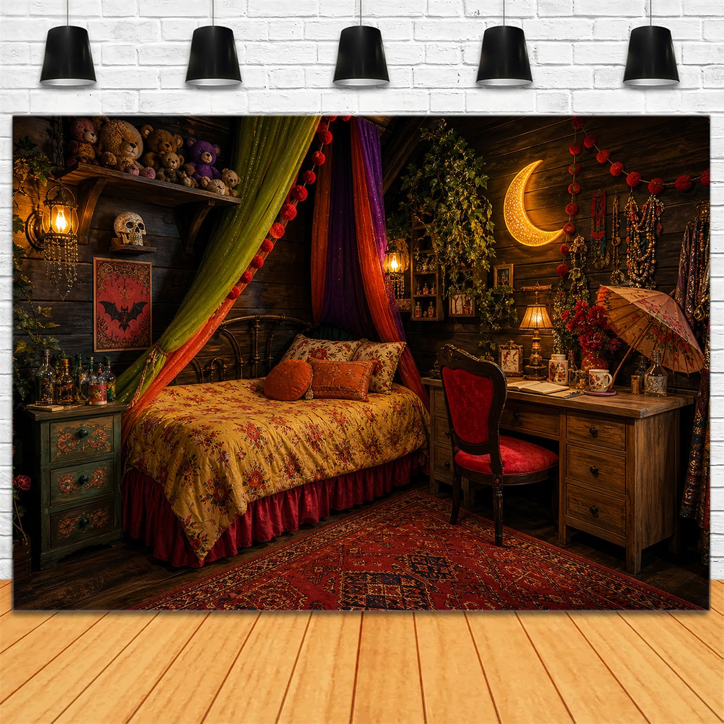 Cute Halloween Photo Backdrop Bohemian Witch Bedroom Moonlight Backdrop Halloween LXX67-13