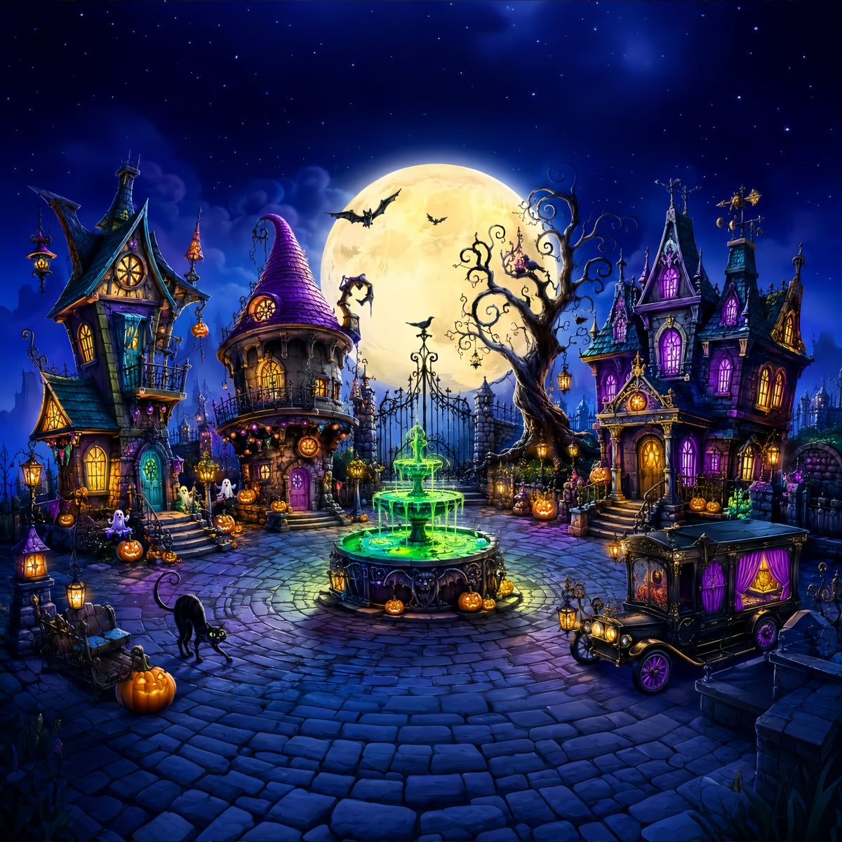 Halloween Backdrop Outdoor Whimsical Moon Witch Town Photo Backdrop Halloween LXX67-131