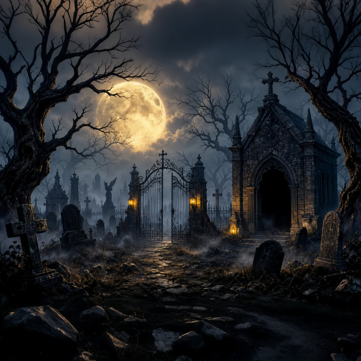 Halloween Graveyard Backdrops Moonlit Gothic Cemetery Gate Photo Booth Halloween Backdrop LXX67-132