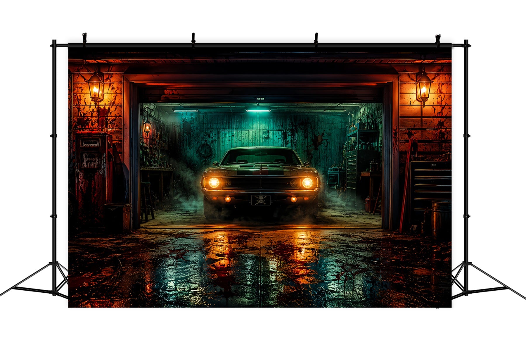 Halloween Garage Backdrop Haunted Muscle Car Barn Backdrops For Halloween LXX67-134