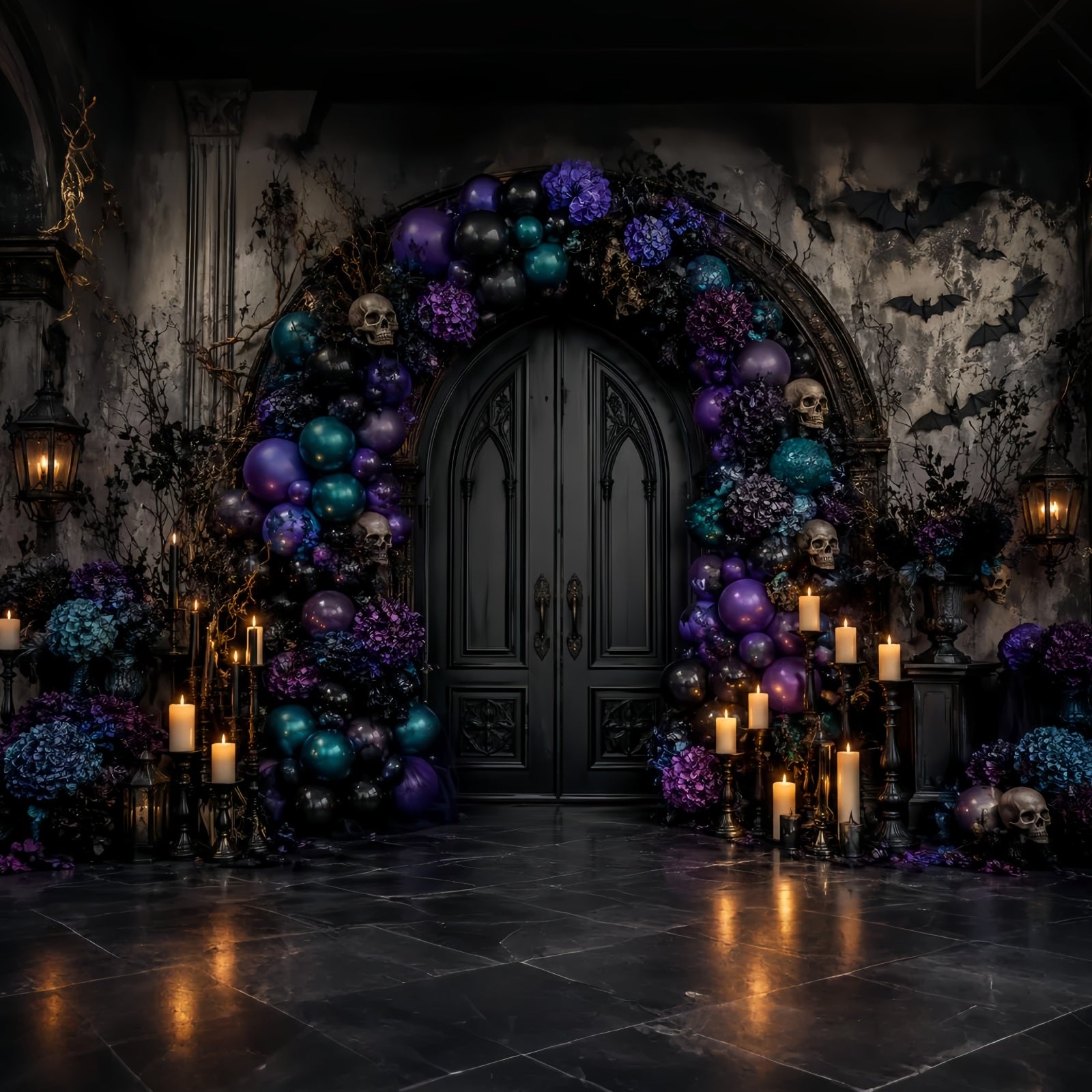 Halloween Balloon Backdrop Skull Door Floral Arch Halloween Themed Backdrop LXX67-139