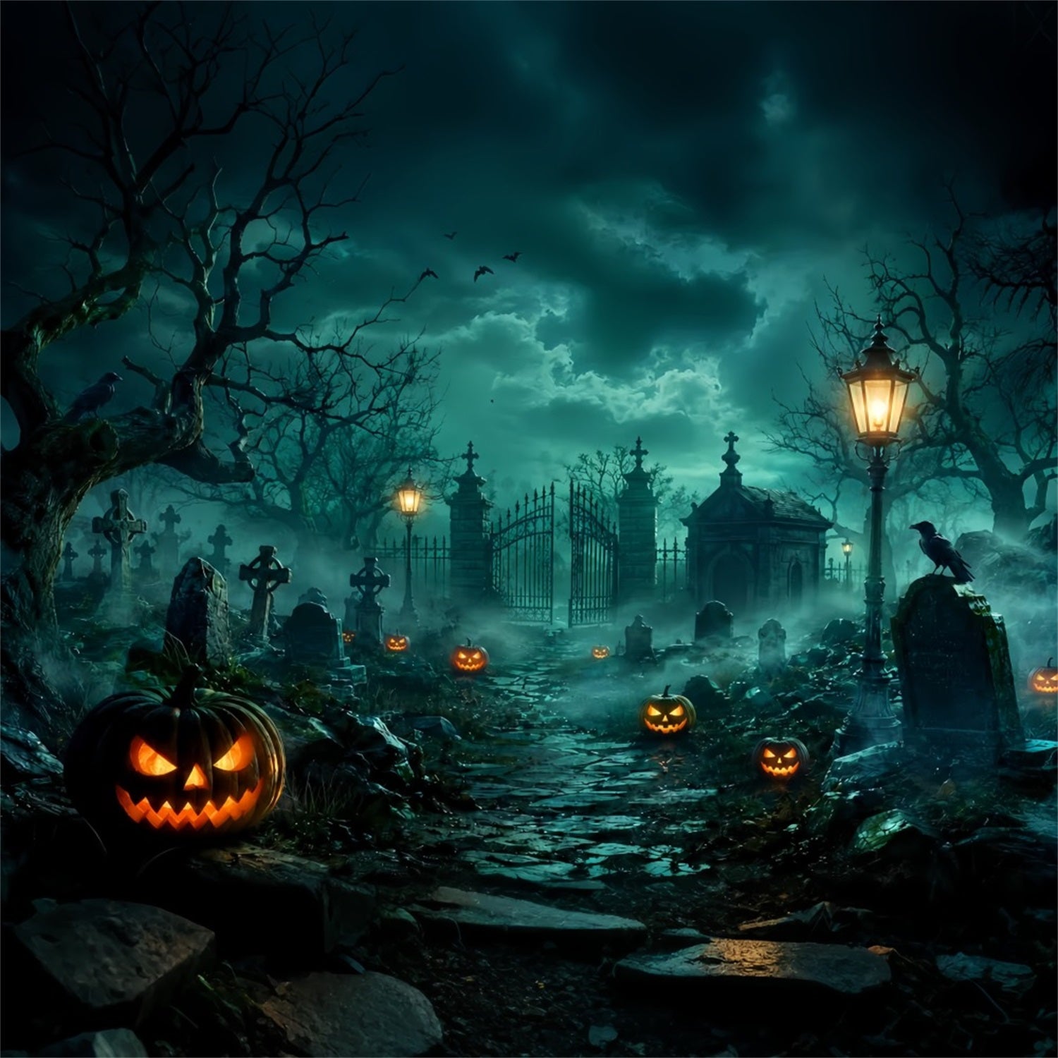 Custom Halloween Backdrop Foggy Graveyard Gate Pumpkins Halloween Graveyard Backdrop LXX67-14