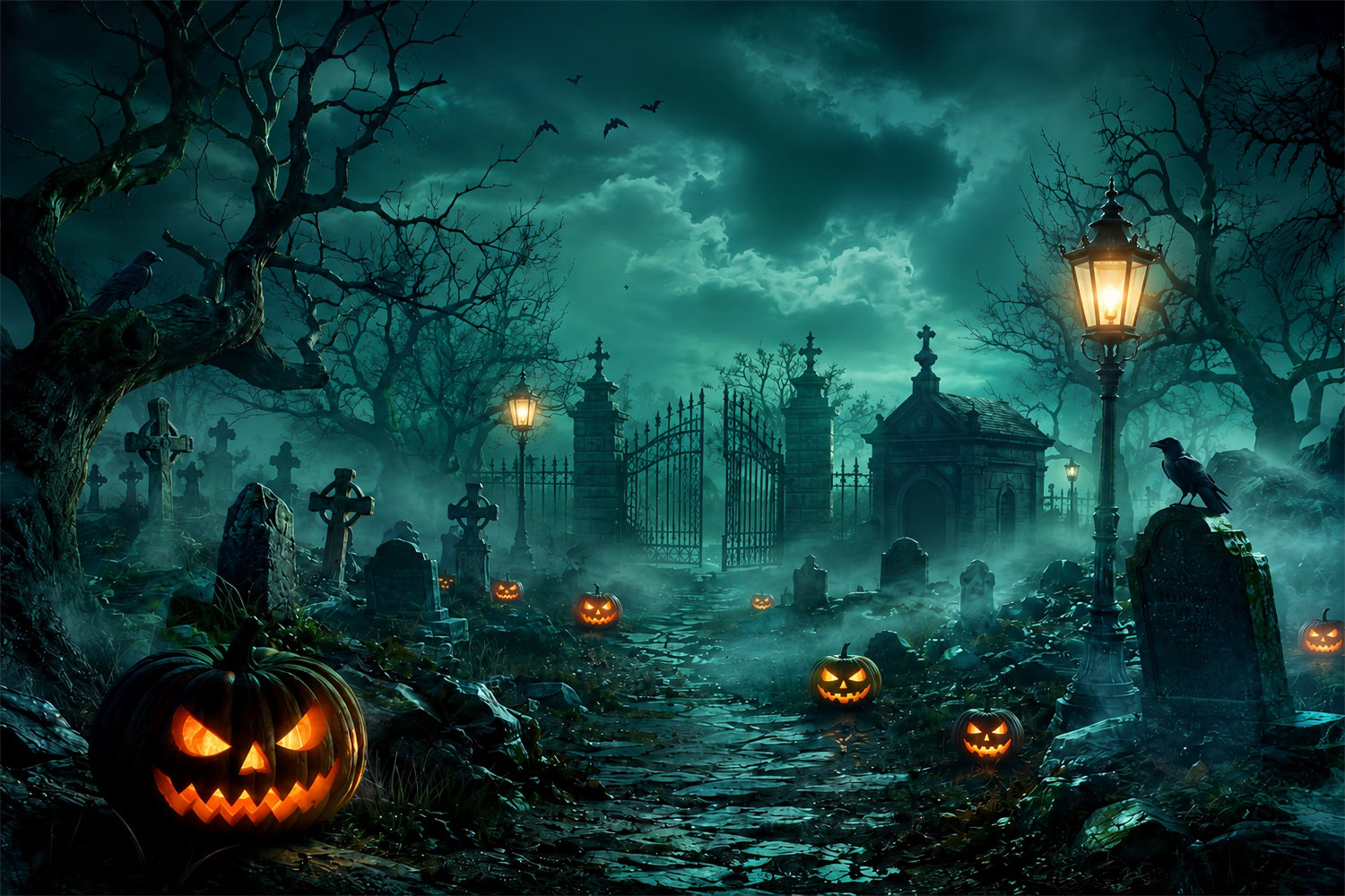 Custom Halloween Backdrop Foggy Graveyard Gate Pumpkins Halloween Graveyard Backdrop LXX67-14