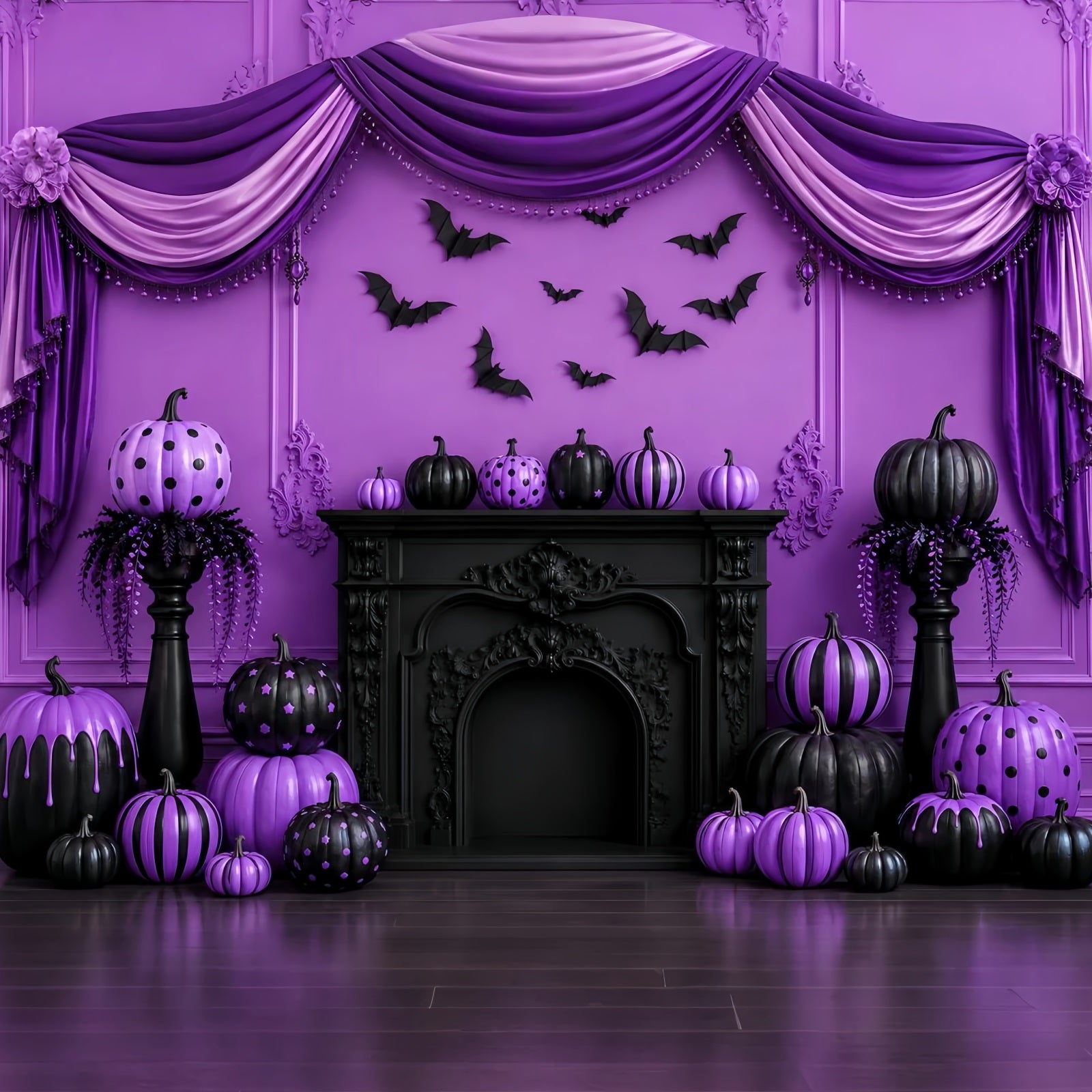 Halloween Stage Backdrop Purple Pumpkin Gothic Fireplace Halloween Photography Backdrops LXX67-144