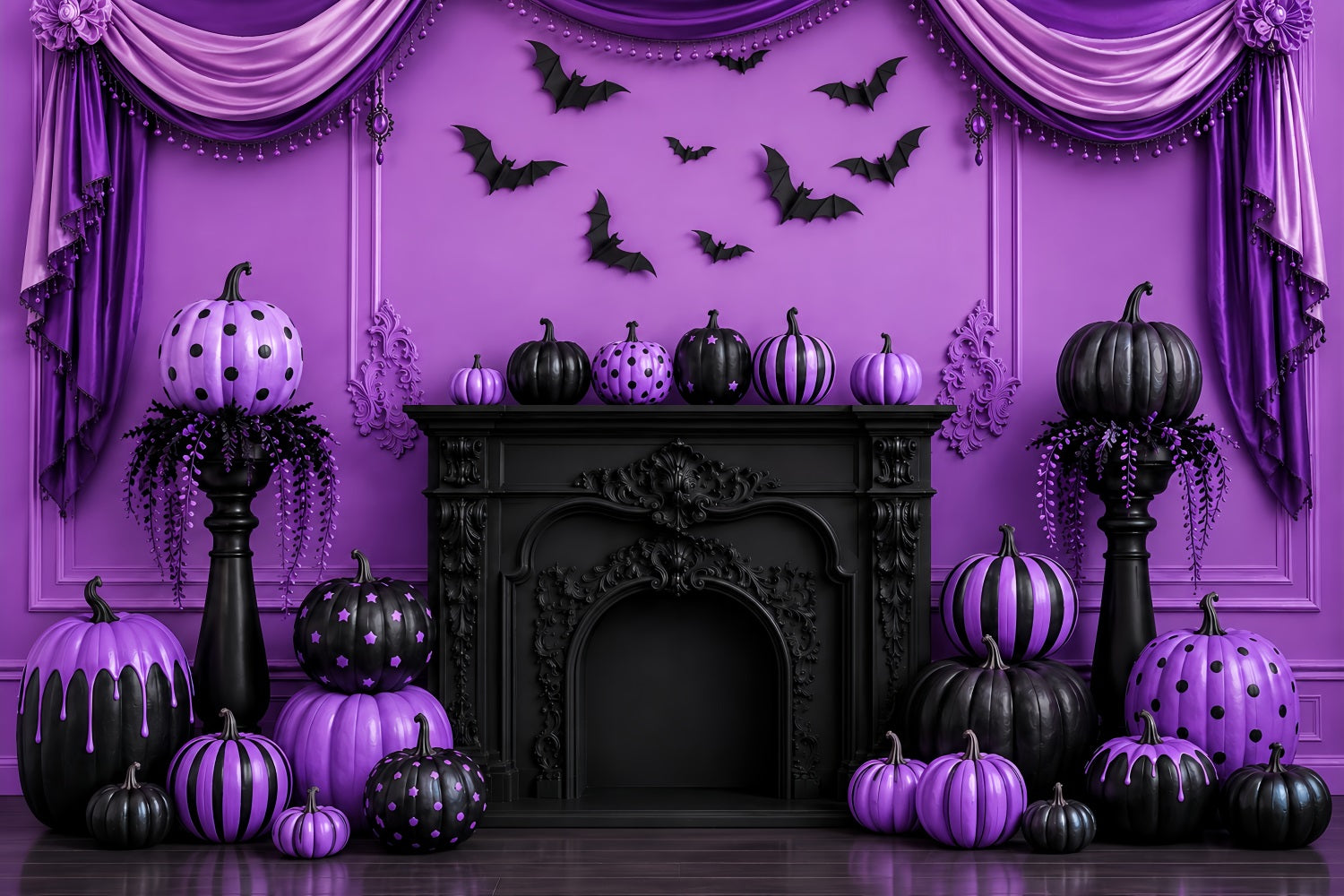 Halloween Stage Backdrop Purple Pumpkin Gothic Fireplace Halloween Photography Backdrops LXX67-144