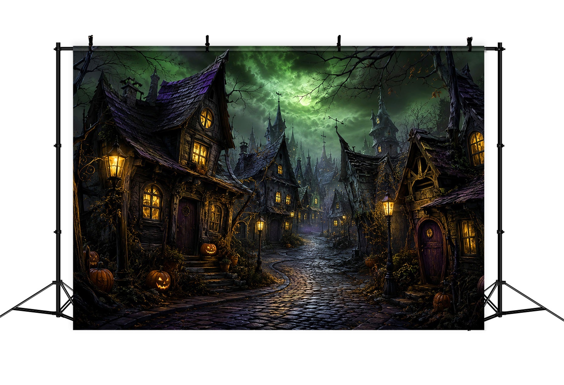 Photography Backdrops Halloween Green Moon Crooked Village Halloween Town Backdrop LXX67-146