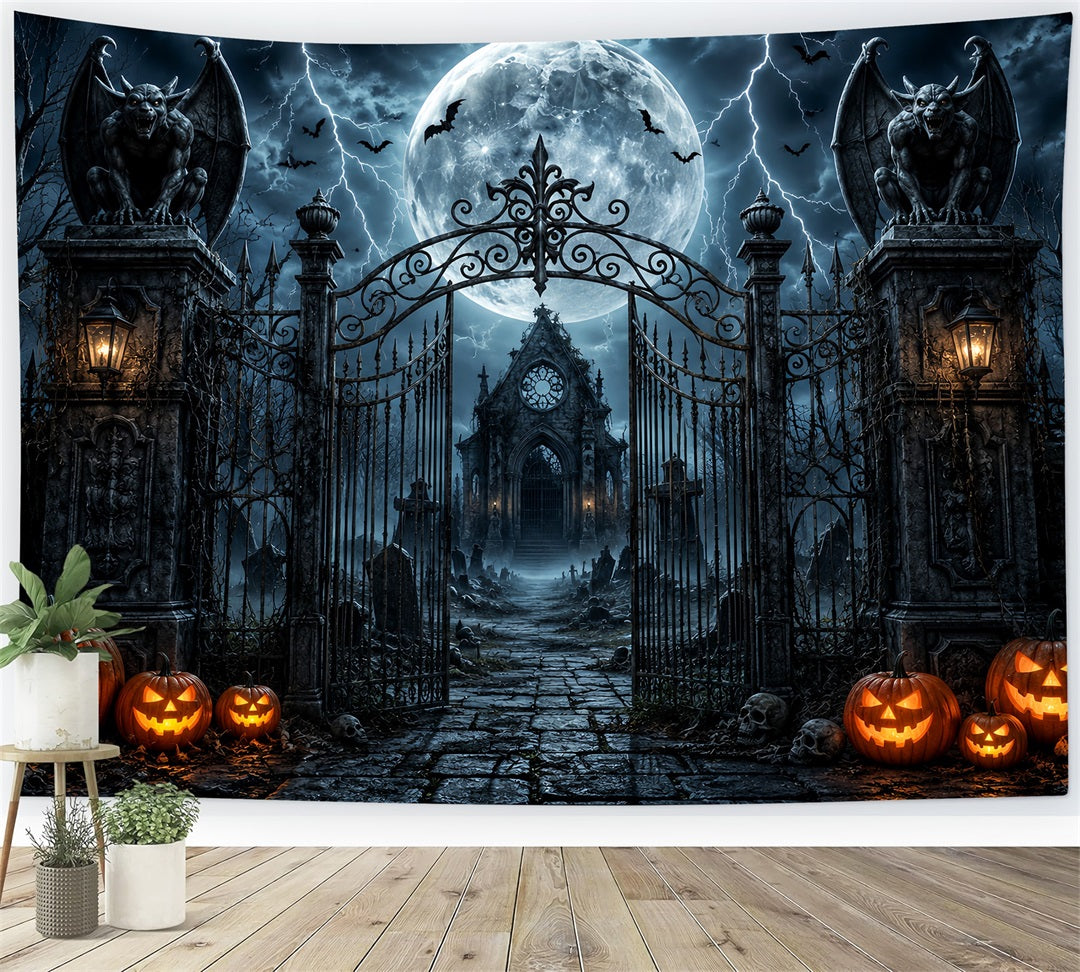 Halloween Party Photo Backdrop Ideas Stormy Gargoyle Cemetery Gateway Creepy Halloween Backdrop LXX67-154
