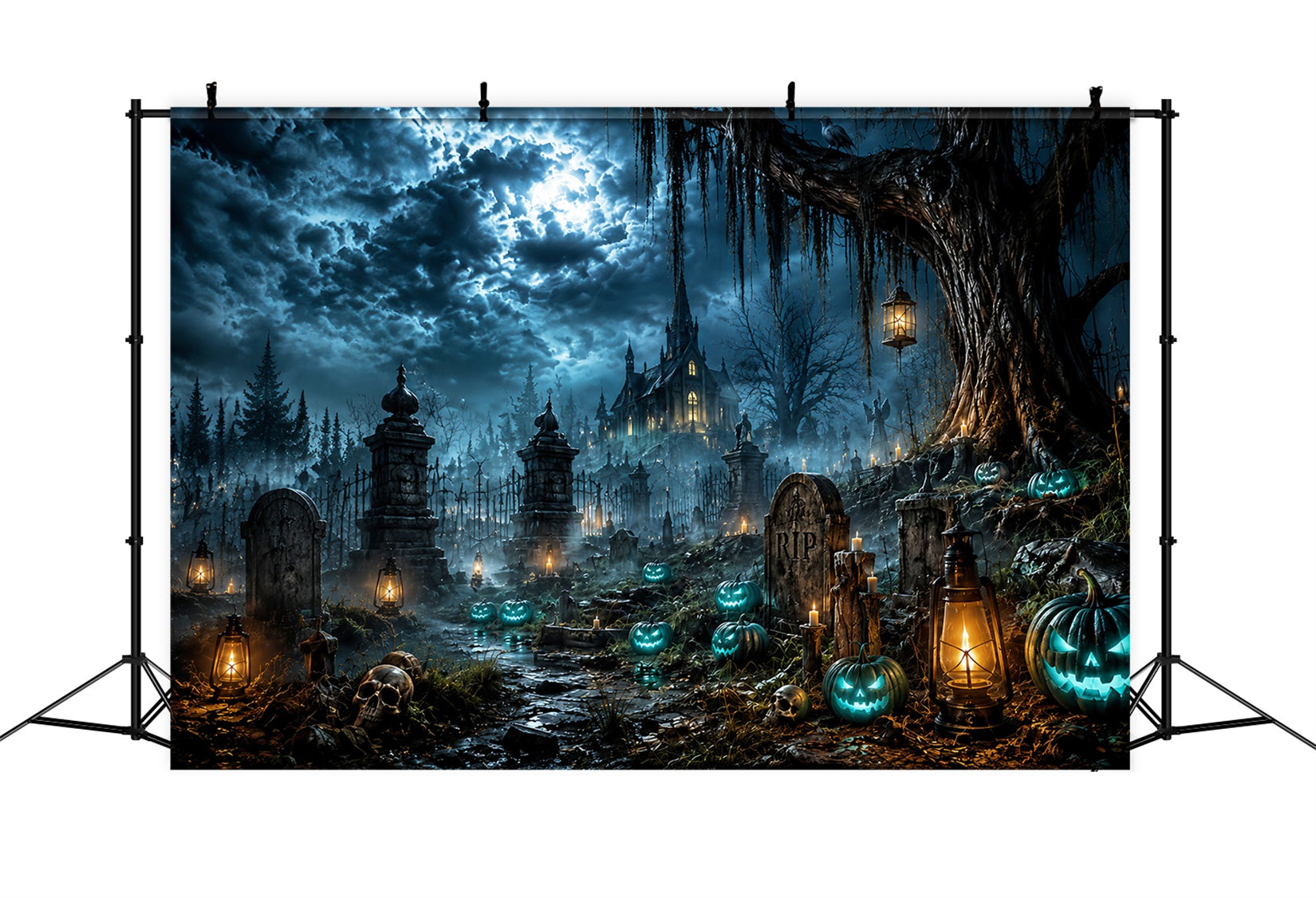Halloween Castle Backdrop Moonlit Haunted Graveyard Pumpkins Large Halloween Backdrop LXX67-16