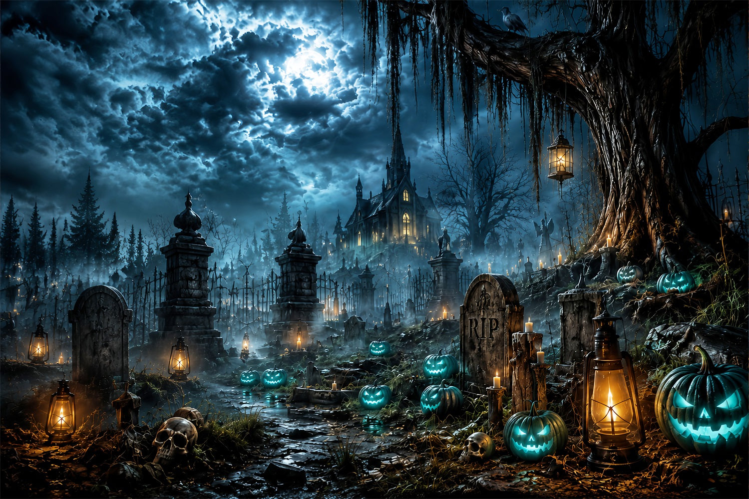 Halloween Castle Backdrop Moonlit Haunted Graveyard Pumpkins Large Halloween Backdrop LXX67-16