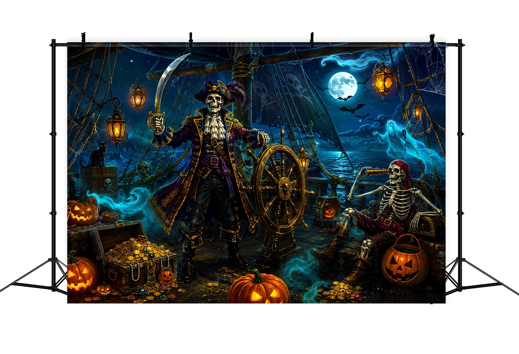 Halloween Theme Backdrop Skeleton Pirate Treasure Ship Halloween Backdrop For Photos LXX67-163