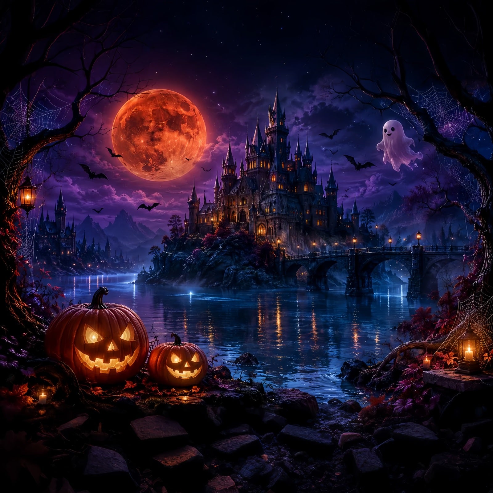 Halloween Moon Backdrop Moonlit Ghost Castle Lake Halloween Photo Backdrops LXX67-167