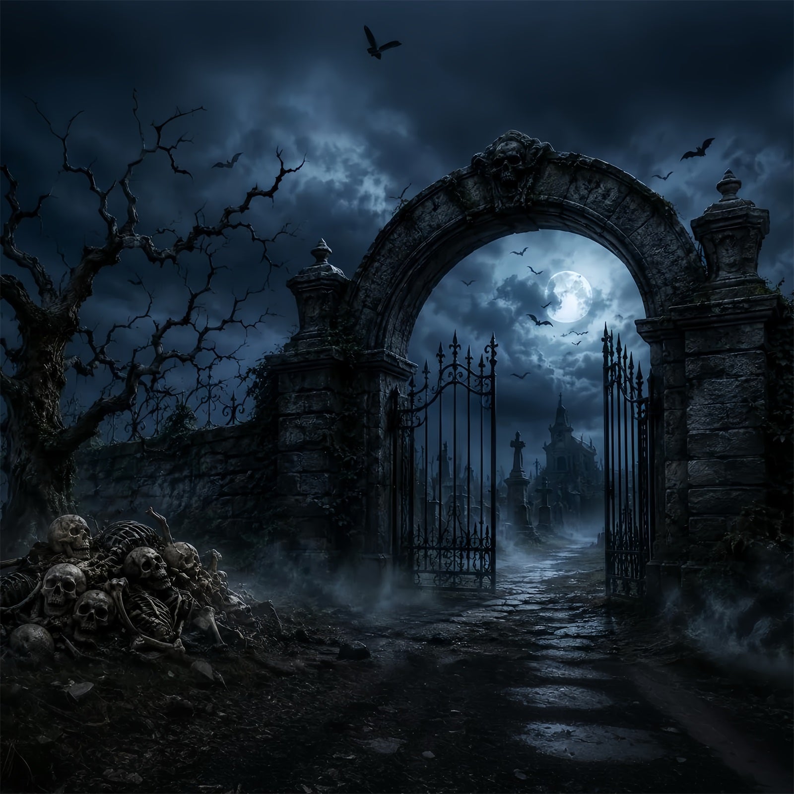 Outdoor Halloween Backdrop Skeleton Graveyard Stone Gateway Spooky Halloween Backdrop LXX67-168