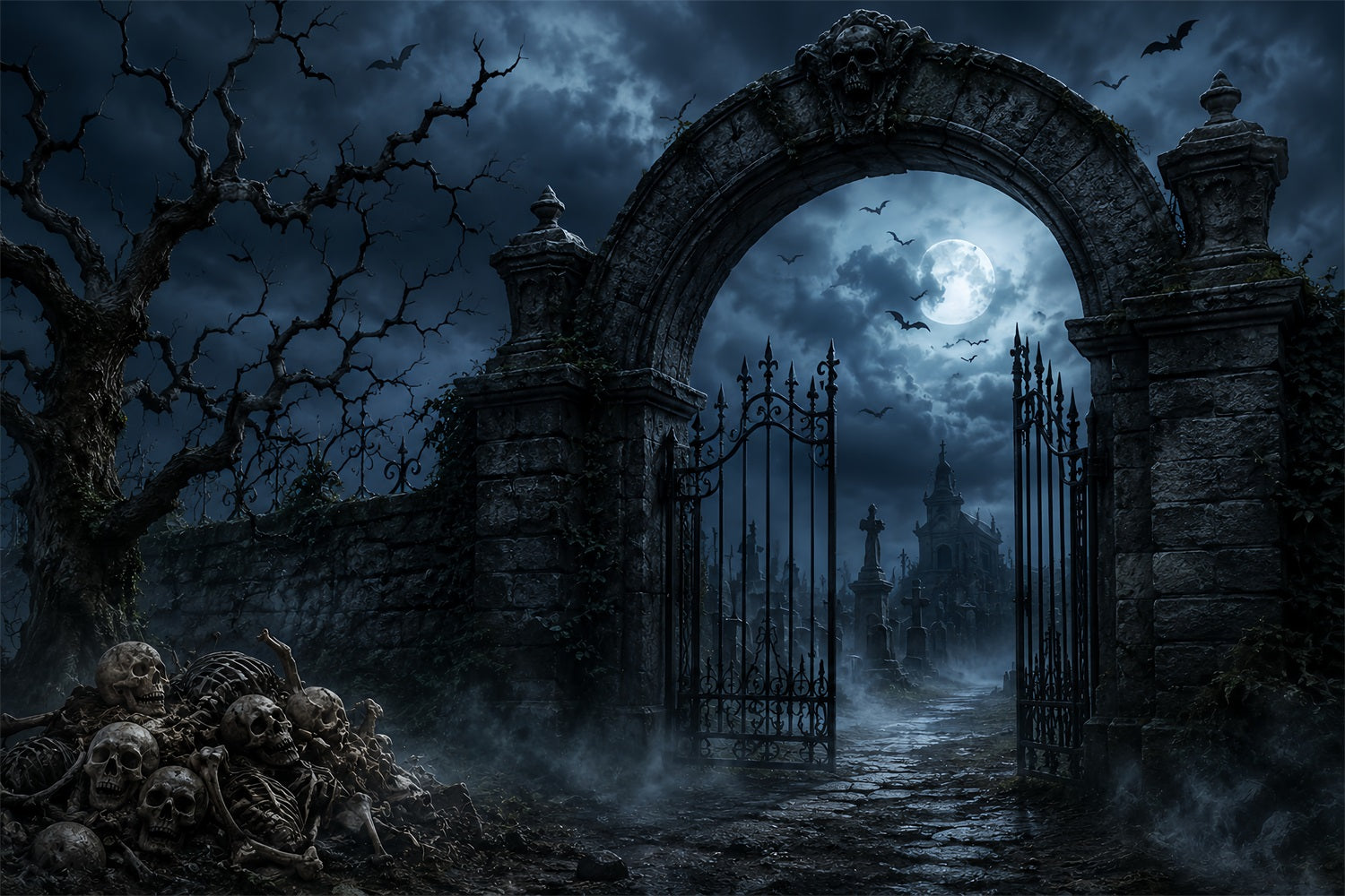 Outdoor Halloween Backdrop Skeleton Graveyard Stone Gateway Spooky Halloween Backdrop LXX67-168