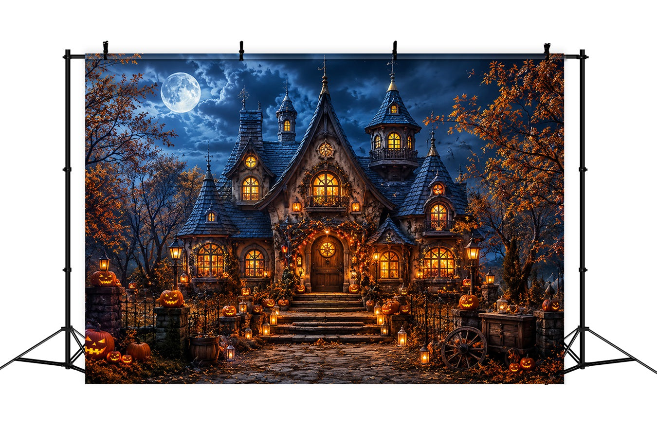 Fall Halloween Backdrop Moonlit Pumpkin Cottage Lanterns Scary Halloween Backdrops LXX67-17