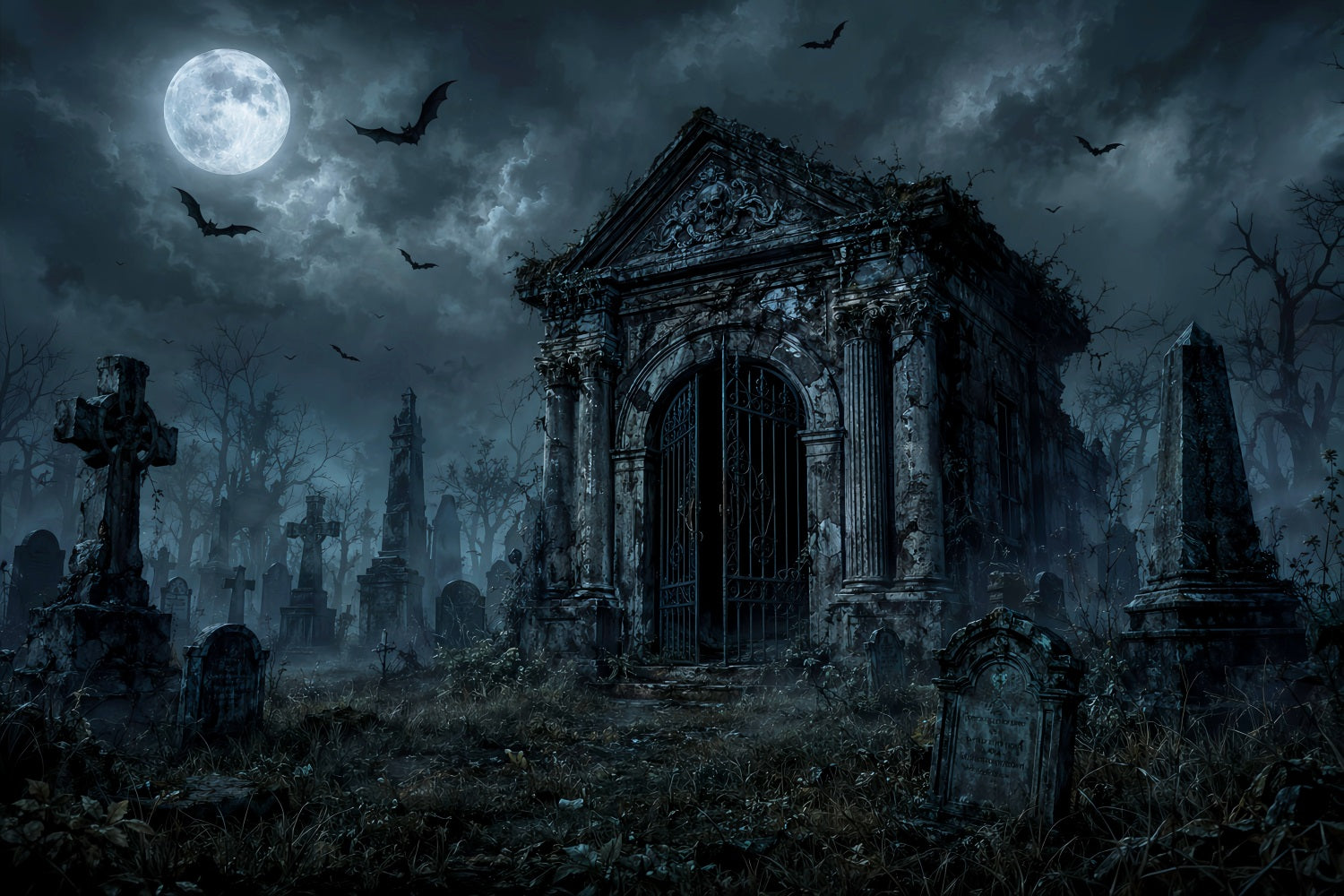 Custom Halloween Backdrop Moonlit Gothic Mausoleum Cemetery Halloween Graveyard Backdrop LXX67-173
