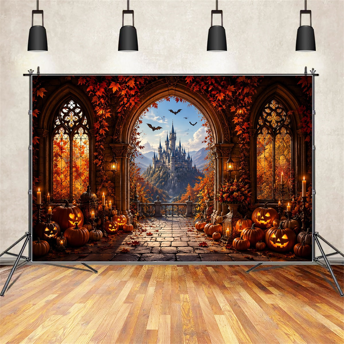 Fall Halloween Backdrop Autumn Pumpkin Castle Archway Scary Halloween Backdrops LXX67-176