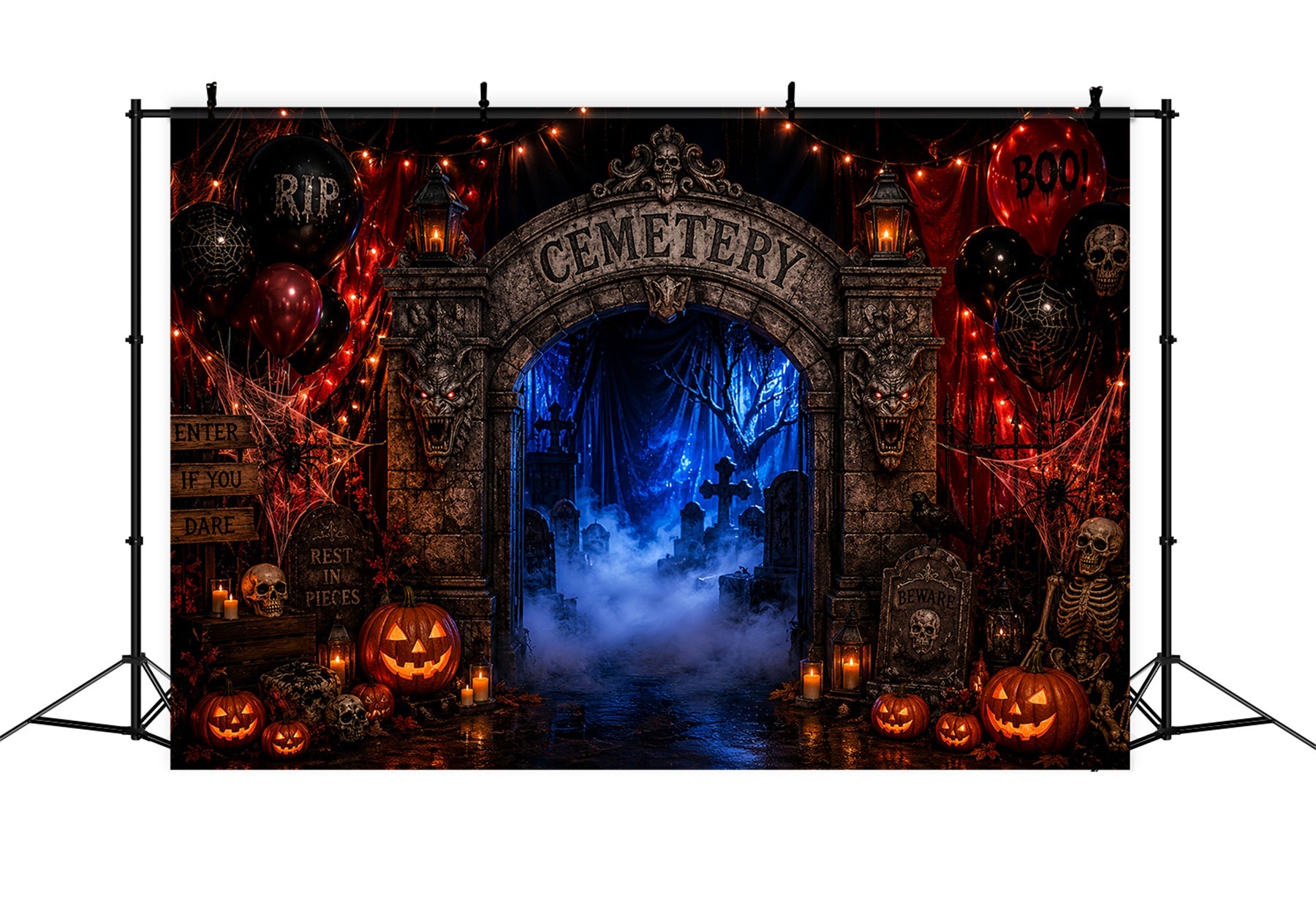 Halloween Cardboard Backdrops Foggy Cemetery Entrance Arch Halloween Photography Backdrop LXX67-178