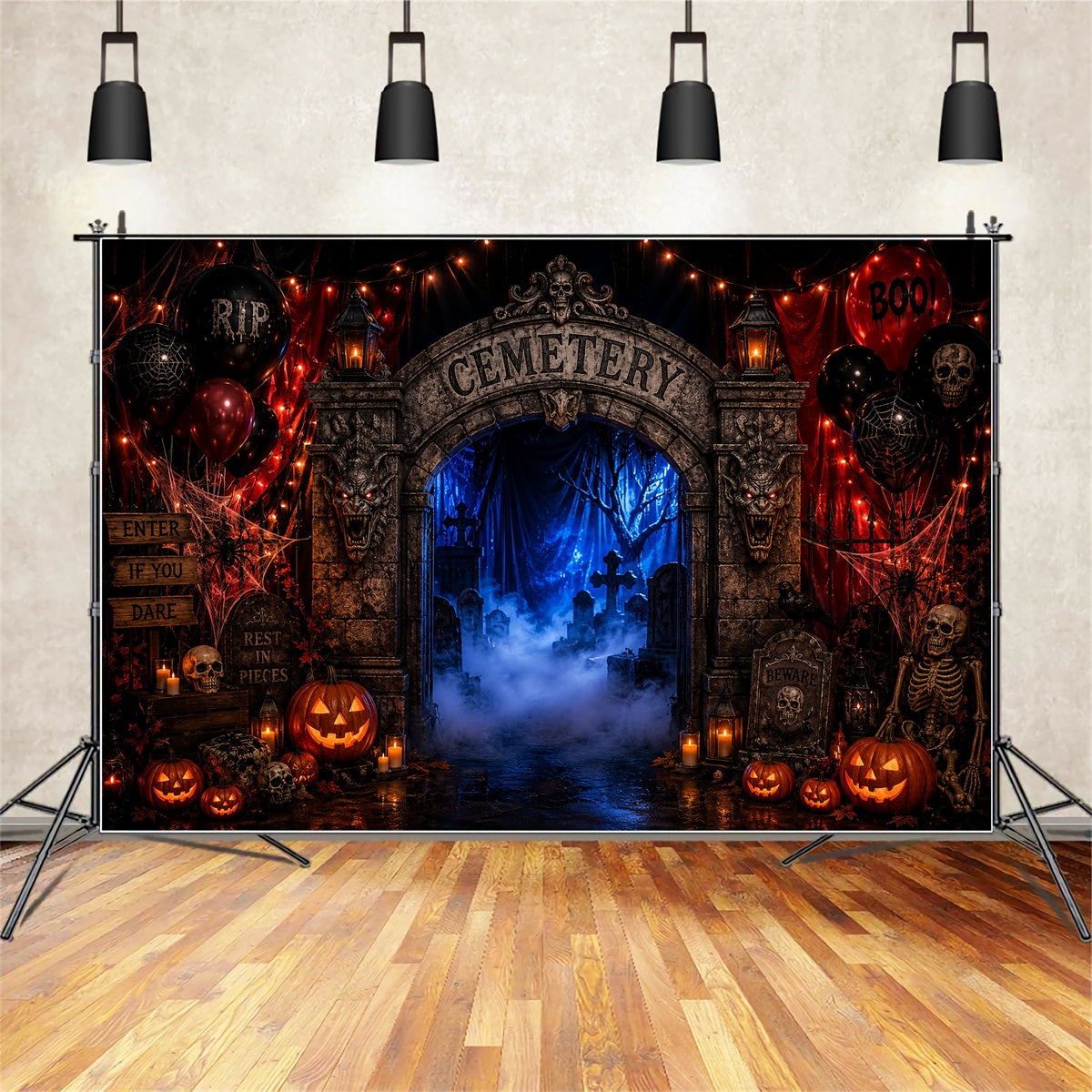 Halloween Cardboard Backdrops Foggy Cemetery Entrance Arch Halloween Photography Backdrop LXX67-178