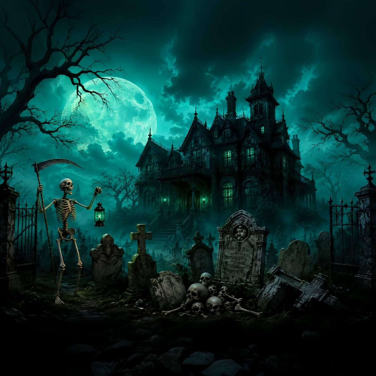 Halloween Graveyard Backdrops Moonlit Skeleton Cemetery Mansion Photo Booth Halloween Backdrop LXX67-181