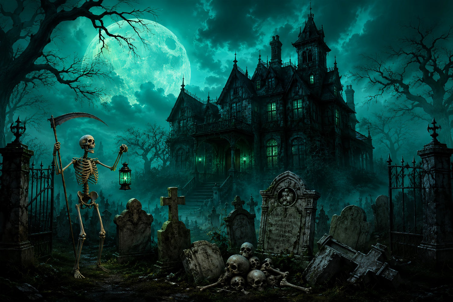 Halloween Graveyard Backdrops Moonlit Skeleton Cemetery Mansion Photo Booth Halloween Backdrop LXX67-181
