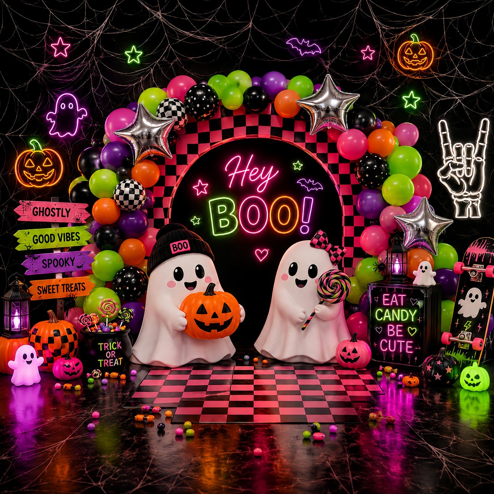 Halloween Backdrop For Photo Booth Neon Ghost Balloon Party Cute Halloween Backdrop LXX67-182