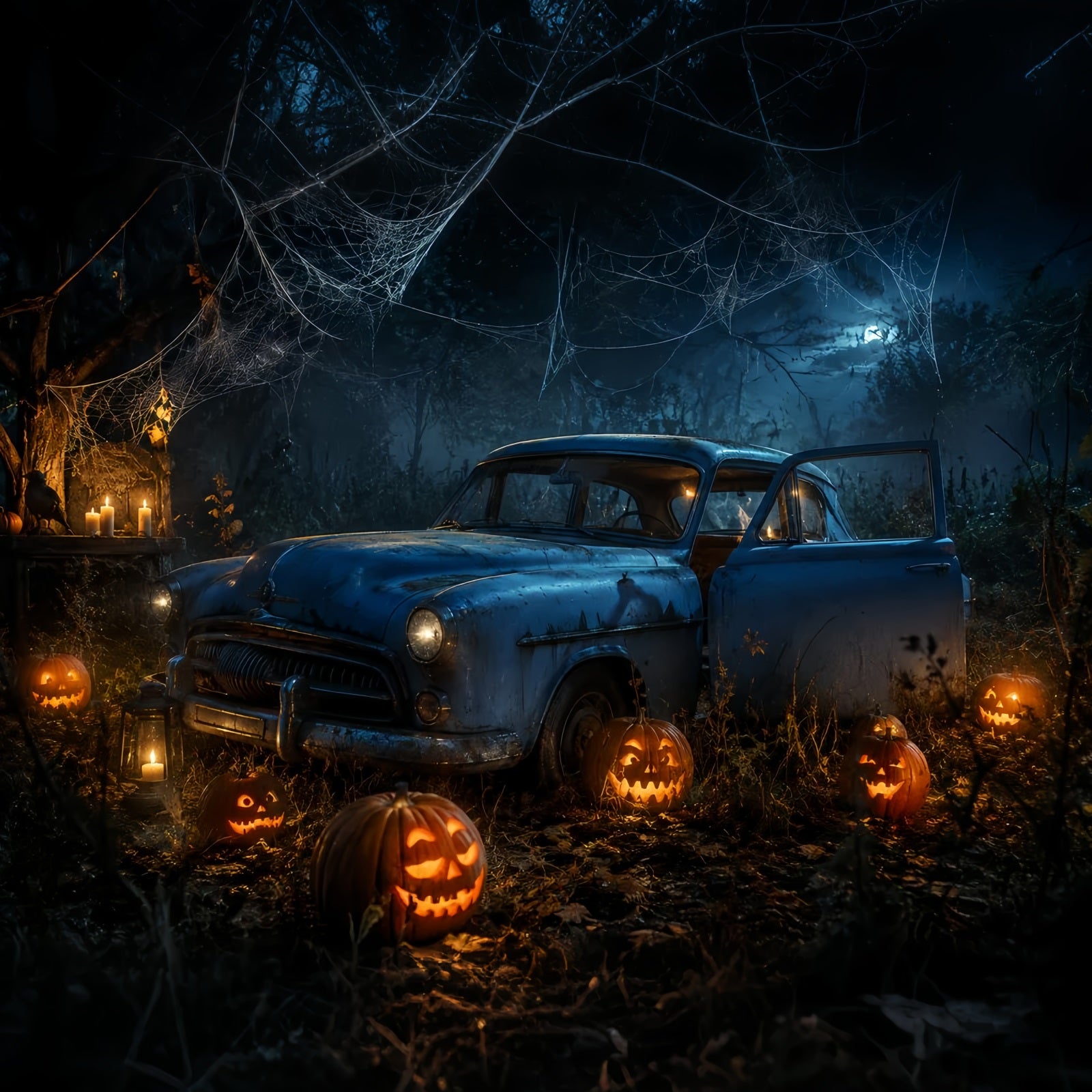Halloween Garage Backdrop Abandoned Pumpkin Forest Car Backdrops For Halloween LXX67-184