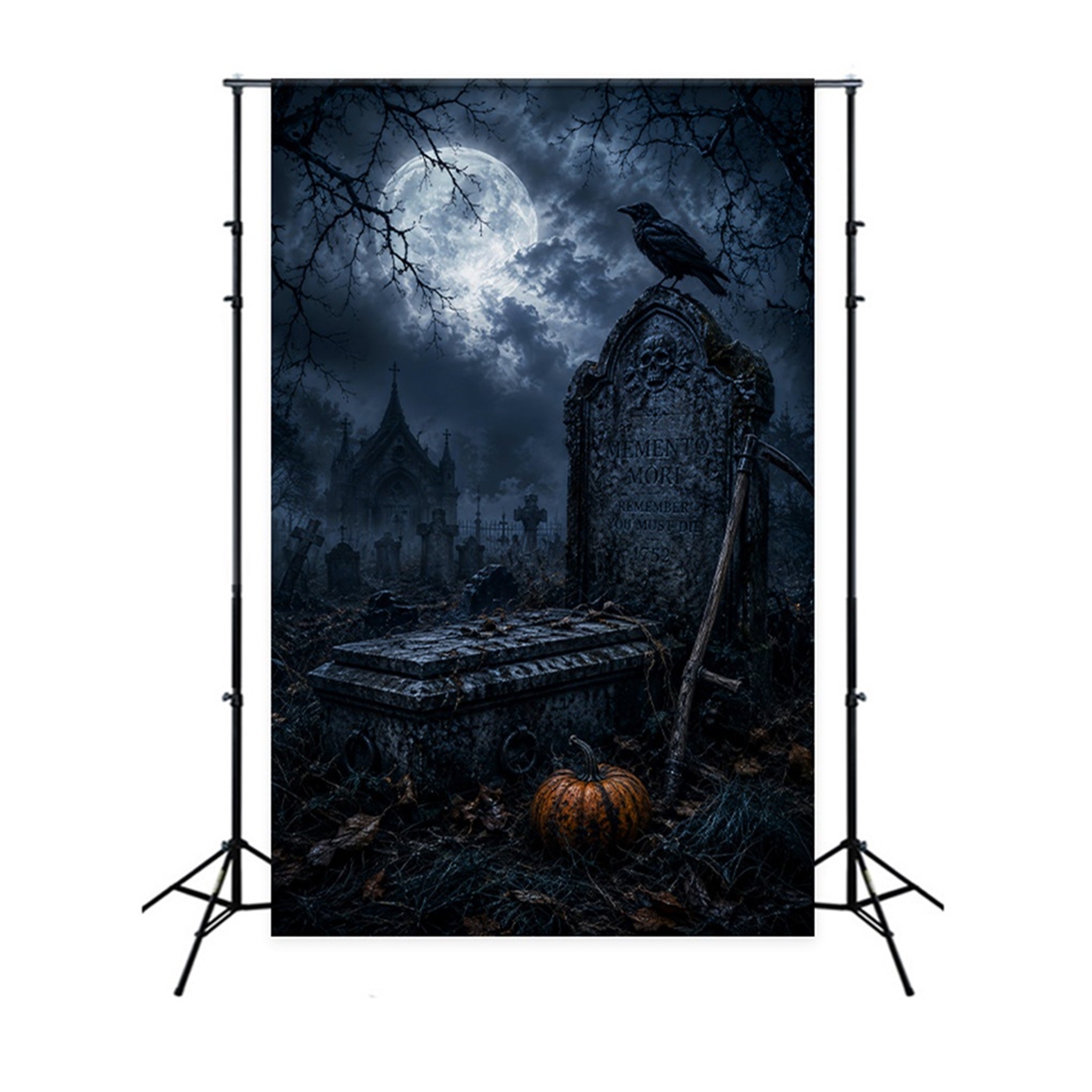 Halloween House Backdrop Moonlit Raven Tombstone Graveyard Halloween Cemetery Backdrop LXX67-186