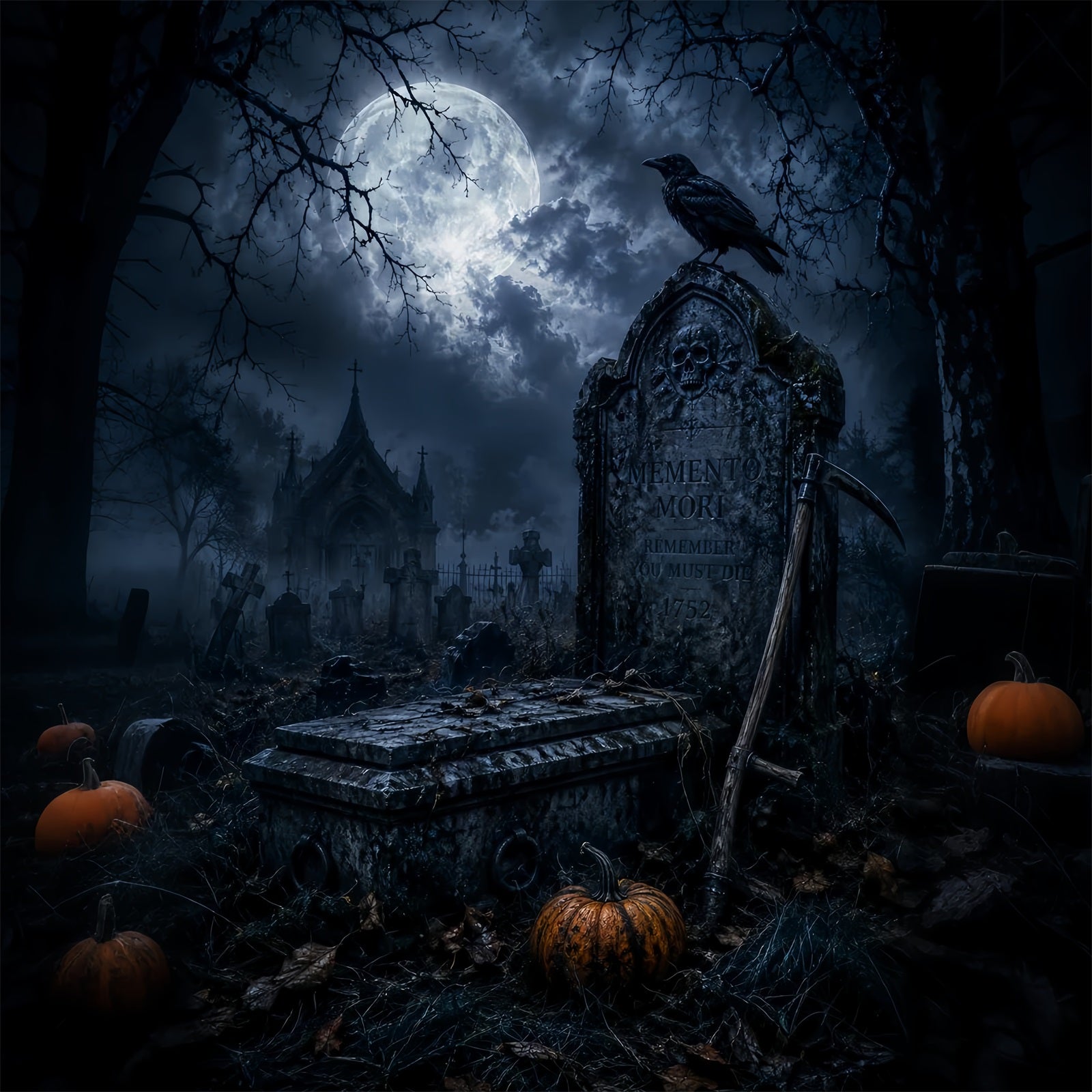 Halloween House Backdrop Moonlit Raven Tombstone Graveyard Halloween Cemetery Backdrop LXX67-186