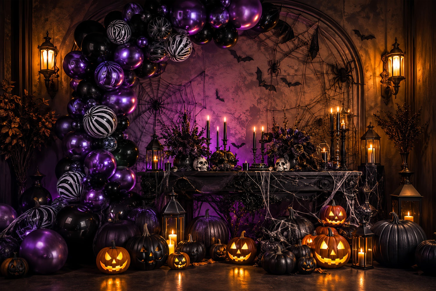 Halloween Balloon Backdrop Purple Pumpkin Spider Web Halloween Themed Backdrop LXX67-189